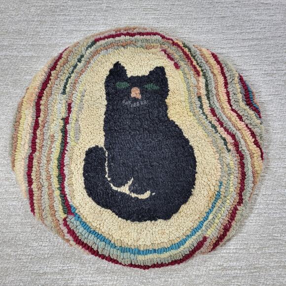 VTG Black Cat Fays Garret Seat Cushion Rug Round Hand Hook Loop Signed Folk Art - Picture 3 of 16